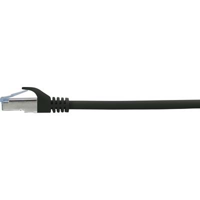 A black Ethernet cable with an RJ-45 plug, used for network connections in computer networks.