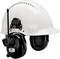 White plastic safety helmet with integrated ear protection and communication system on both sides.