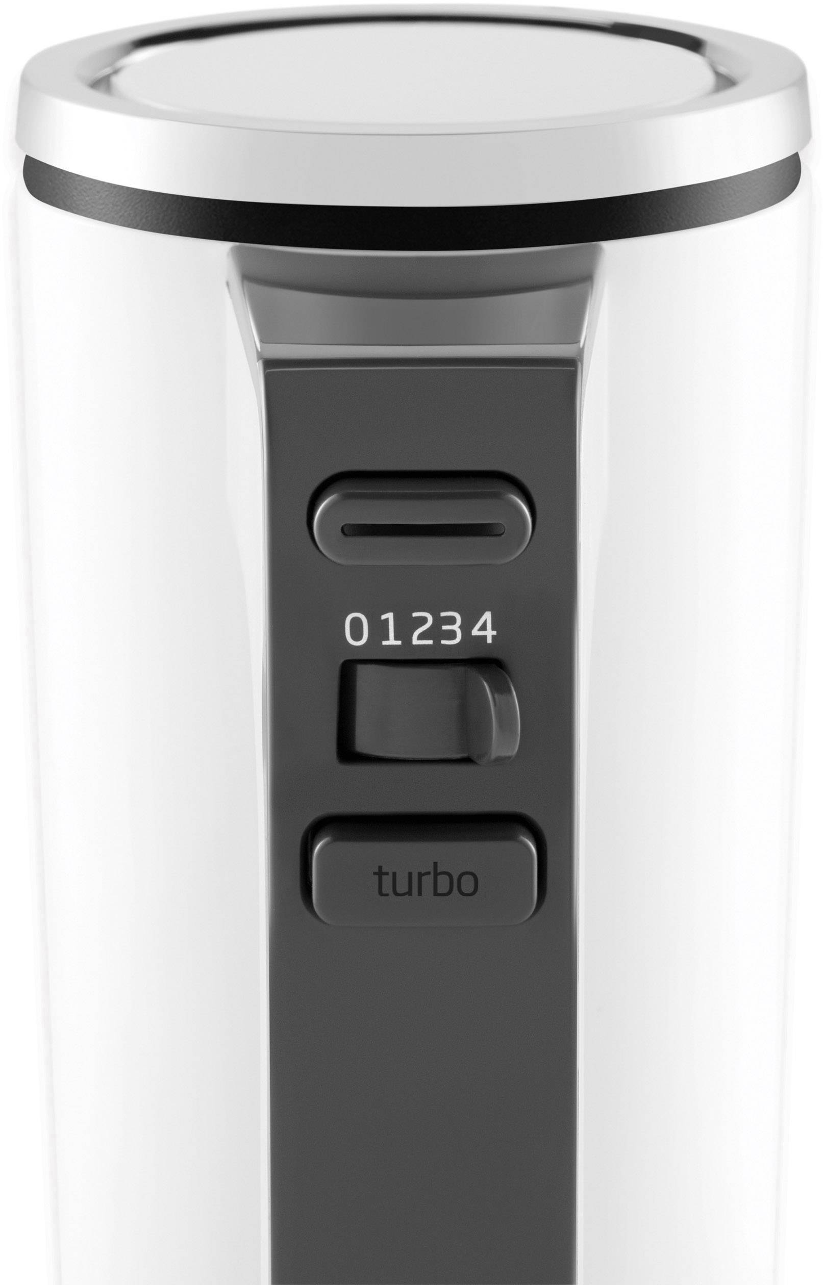 An electric mixer with a black control bar; features two buttons '01234' and 'turbo', for adjusting speed.