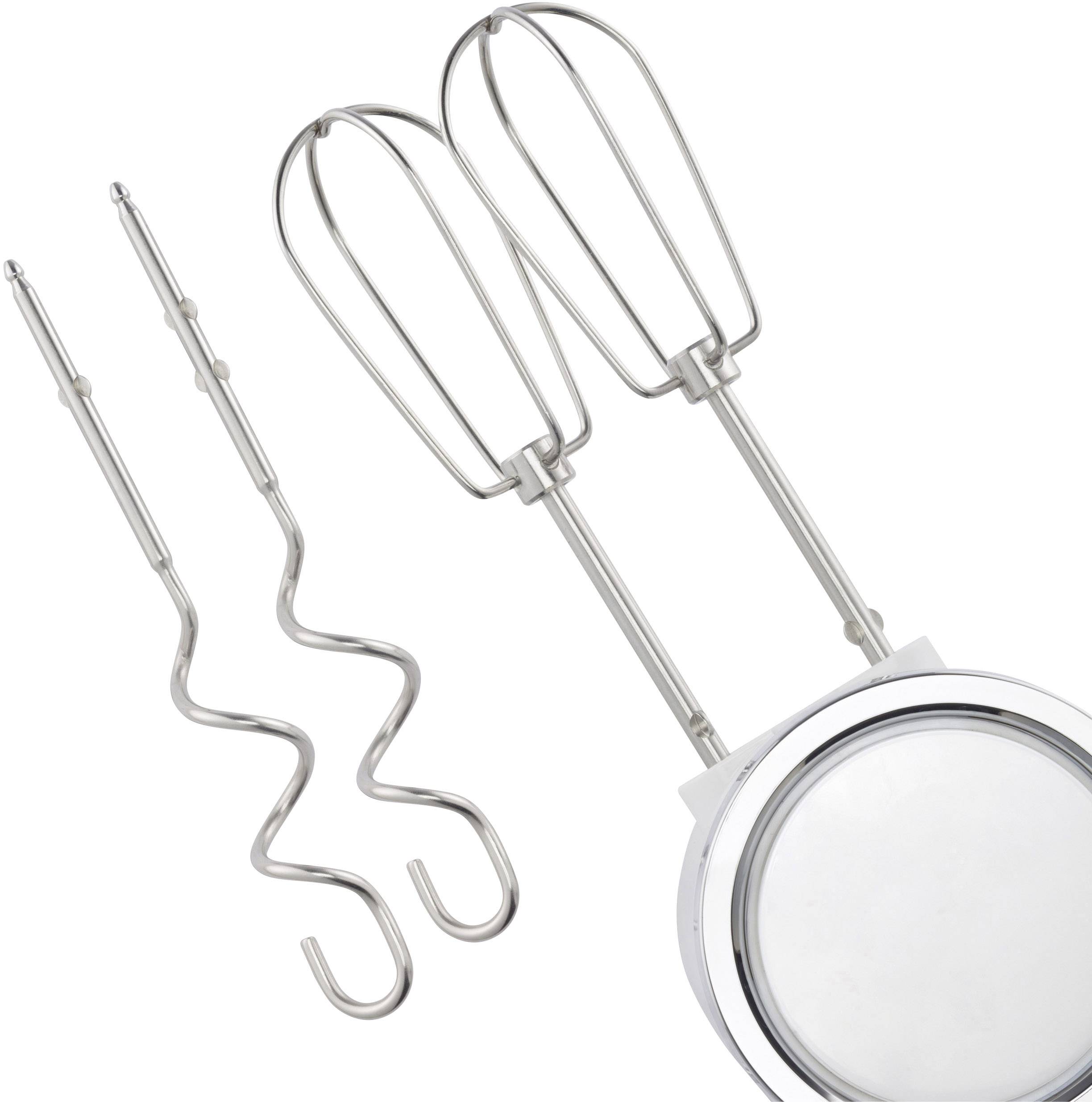 A hand mixer with two whisks and two metal dough hooks, lying on a white surface.