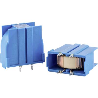 Two blue inductances: Left with connection pins, right open, copper coils visible. Key component of electronic circuits.