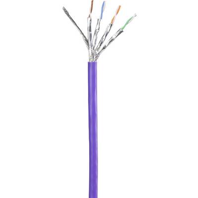 A purple network cable with an open end, showing separate isolated conductors in various colours.