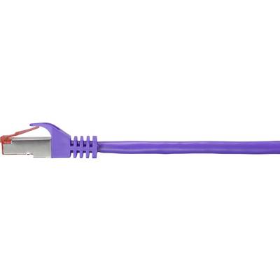 Purple Ethernet cable with metal connector and red clip, showing technology for networks and data transmission.