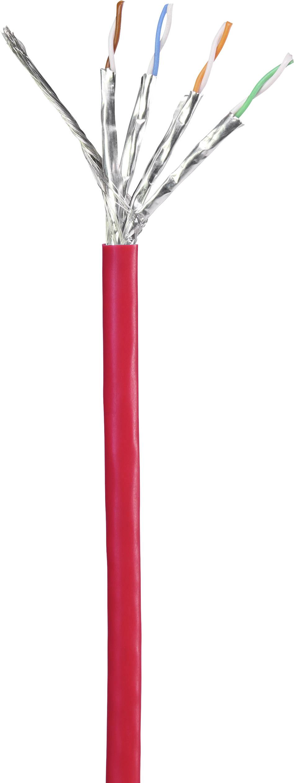 Red Ethernet cable with stripped end revealing multiple coloured, unshielded twisted pair cables.