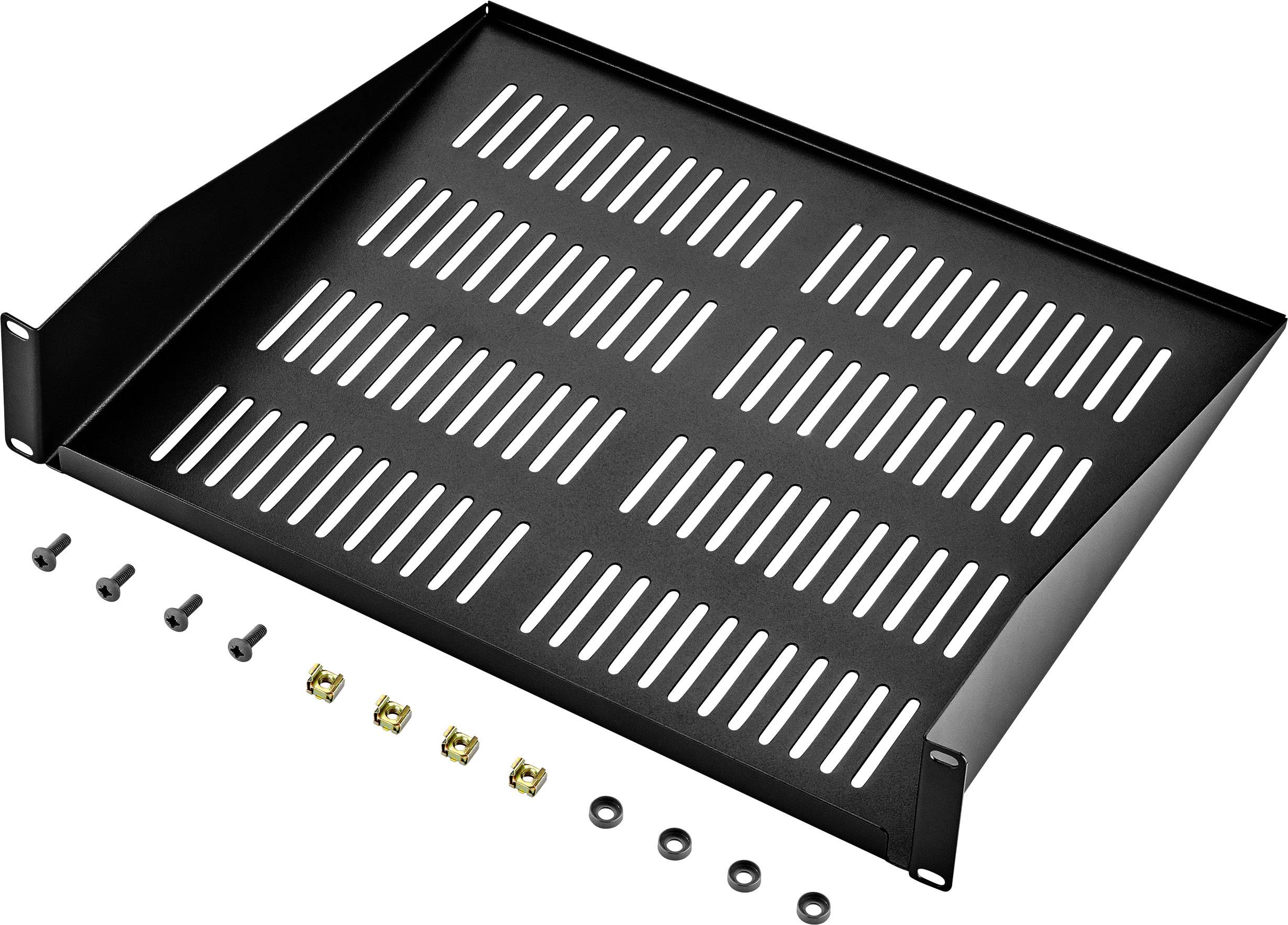 Black shelf with ventilation slots, screws, nuts, and washers. Suitable for technical or IT racks.