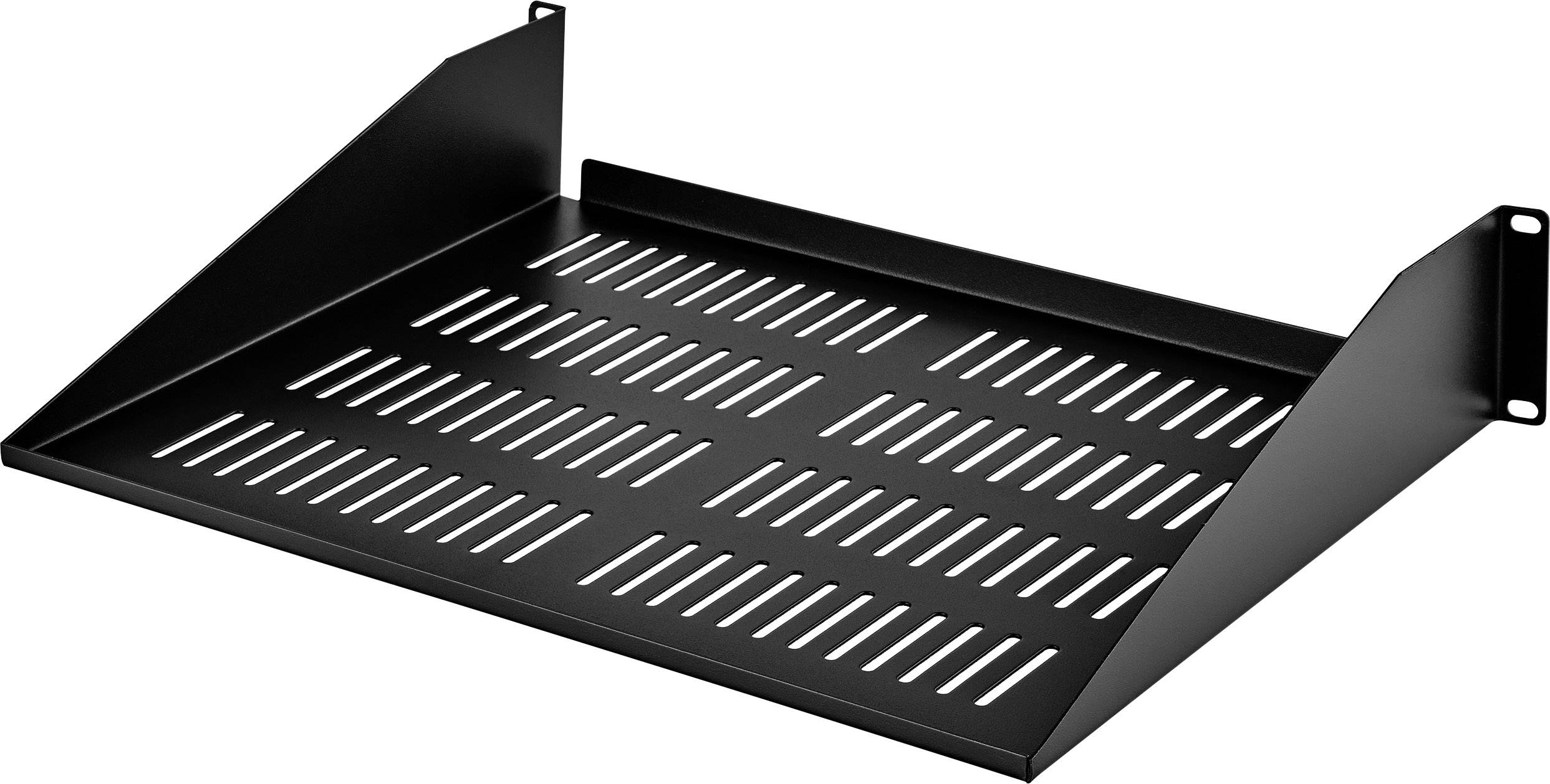 Black ventilated rack-mountable shelf with heat dissipation slots and two side mounting brackets.