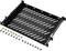 A black metal rack shelf with slots, including screws and bolts, suitable for installation in a rack system.