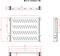 'Technical drawing of a mechanical device with dimensions in millimetres. Details of length, width, height and apertures included.'