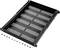 Black, perforated rack-mounting module with mounting accessories, including screws and spacers. Ideal for server racks.