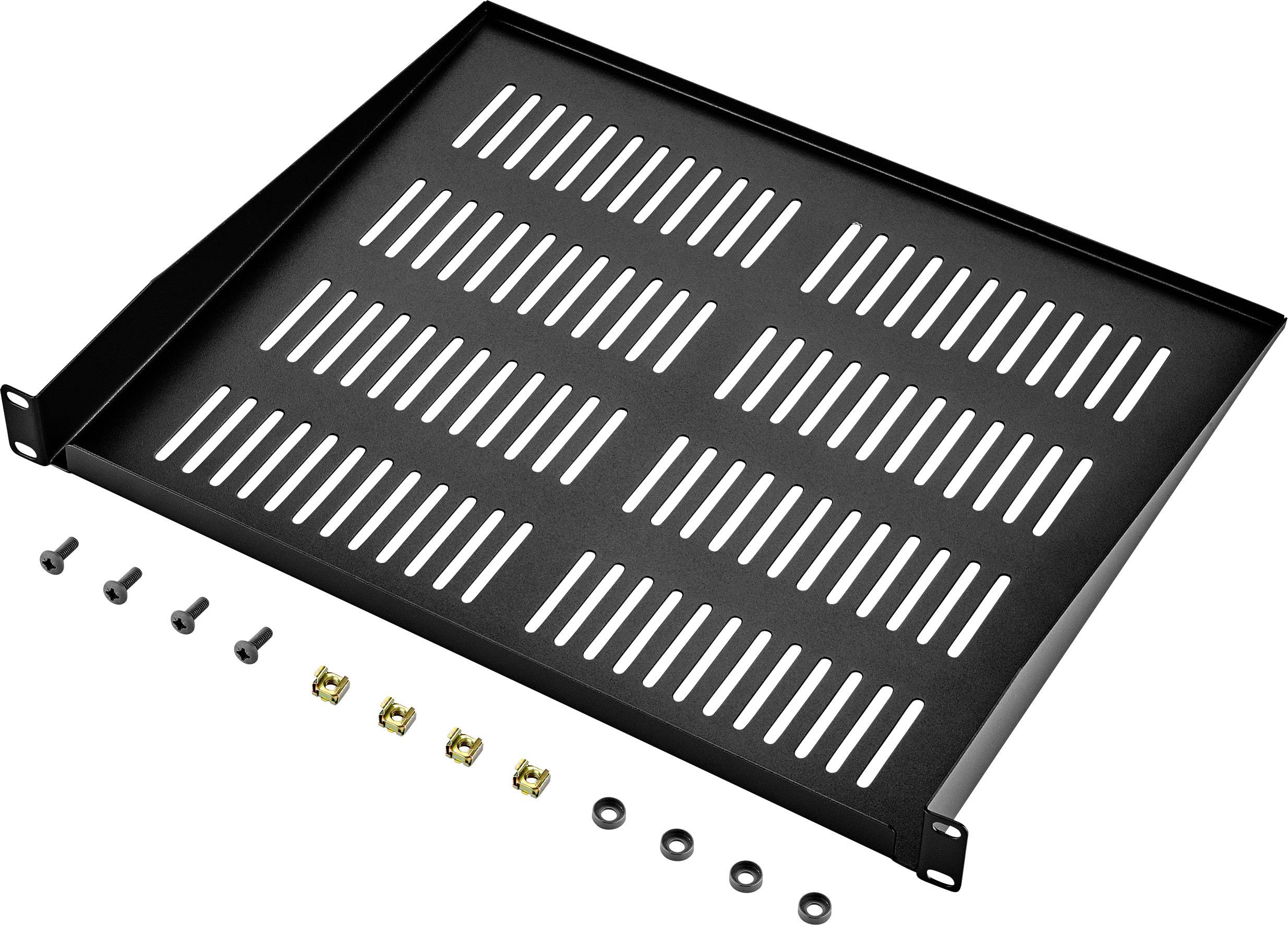 Black ventilated metal rack shelf with screws and nuts, designed for mounting in a server or network cabinet.