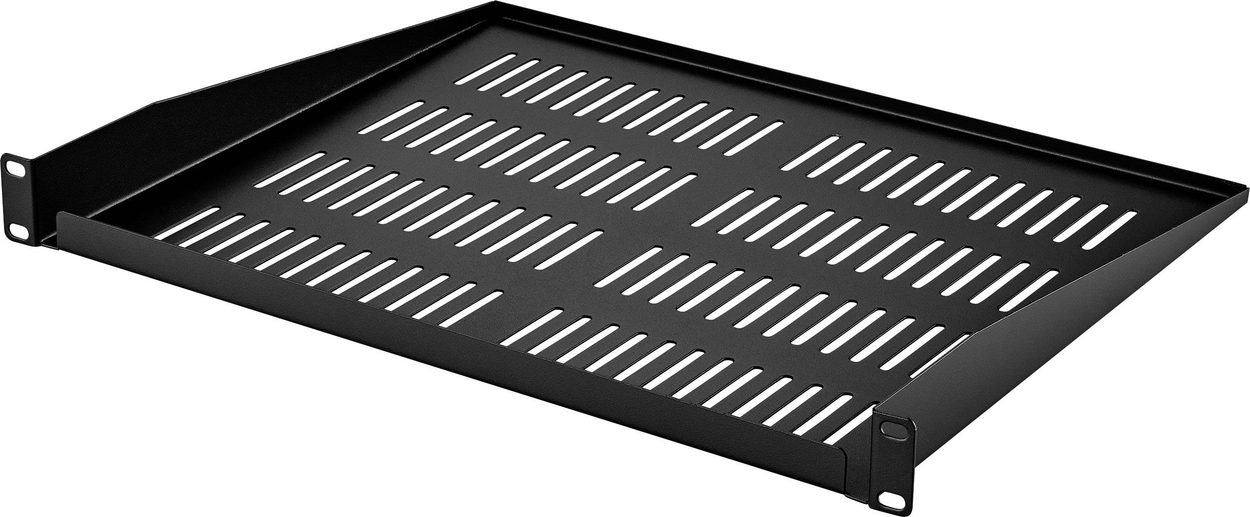 A black, rectangular metal shelving unit with ventilation slots, suitable for installation in a server or storage room.