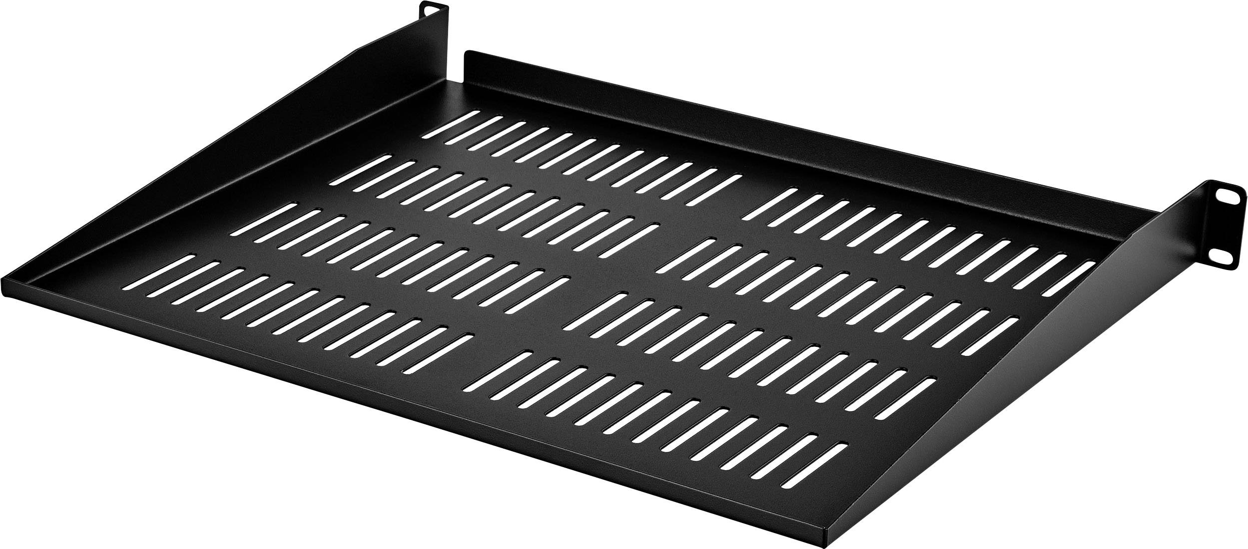 A black, perforated metal shelf with side brackets, suitable for mounting in a rack or cabinet.