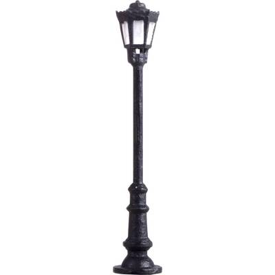 A decorative, black street lamp with a classically designed lantern head and a round base.