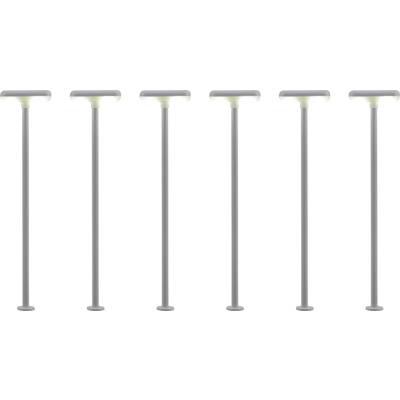 Five uniform, vertical poles with T-shaped handles arranged in a row.