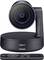 A black Logitech conference camera with a rotating head and remote control, suitable for video conferences and meeting rooms.