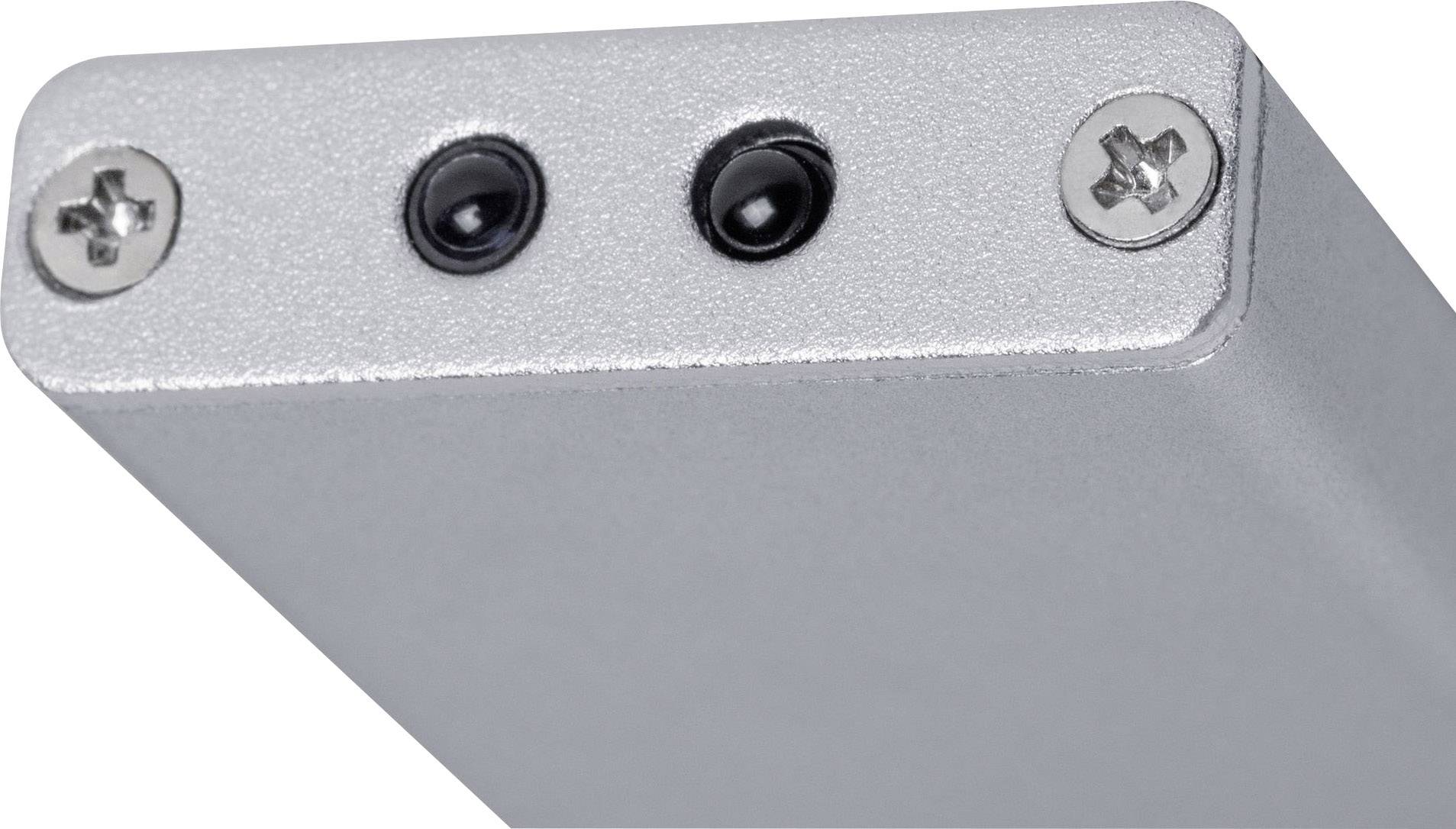 A silver metal strip with two black sensors and two screws on the top surface.