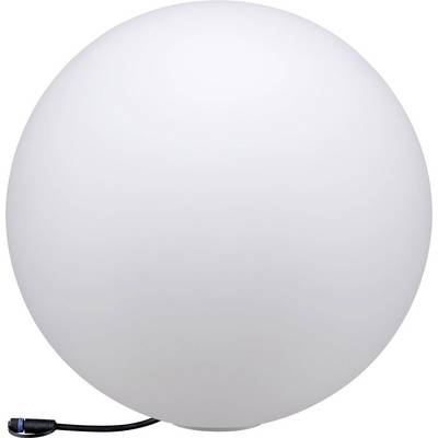 A white spherical light fixture with a black cable hanging from the bottom, set against a white background.