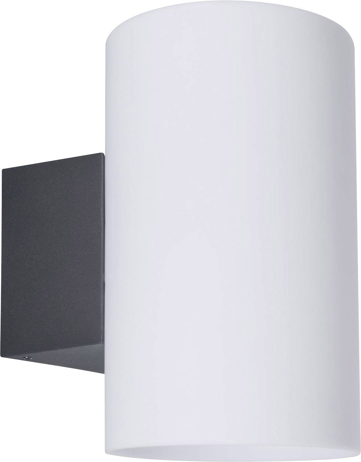 A wall light with a cylindrical, white shade and a rectangular, black mounting bracket for modern interior lighting.