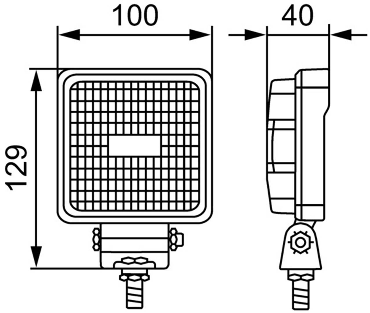 Technical drawing of a square floodlight with dimensions of 100x129 mm in front view and 40 mm depth in side view.
