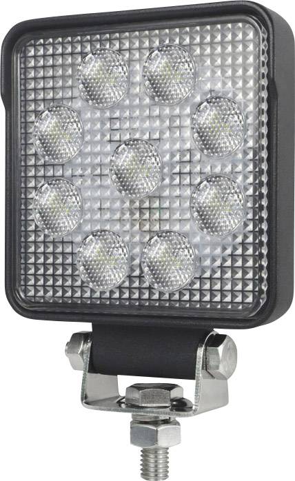 A black square LED work floodlight with nine round lenses in a grid pattern, mounted on a metal bracket.