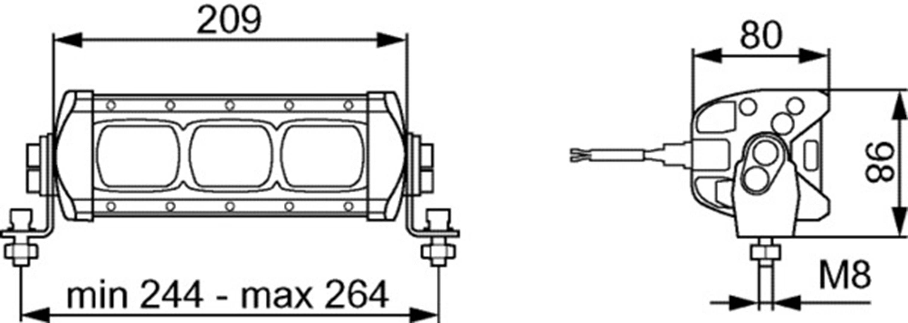 Technical drawing of a light fixture with dimensions: Width 209 mm, Depth 80 mm. Minimum length 244 mm, maximum length 264 mm, Height 86 mm. Screw size M8.