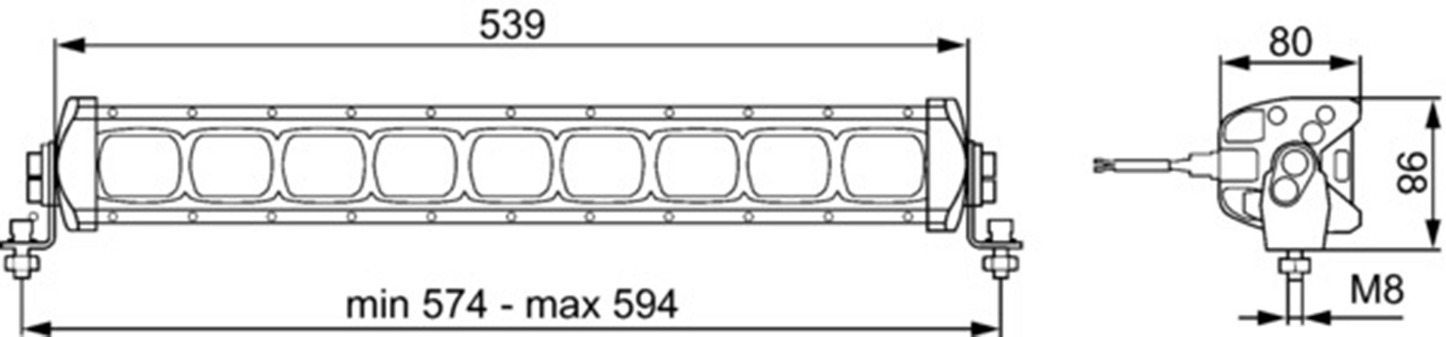 Technical Drawing of a Light Fixture with Dimensions: Length 539mm, Width 80mm, Height 86mm, Variable Mounting Span Range 574-594mm.