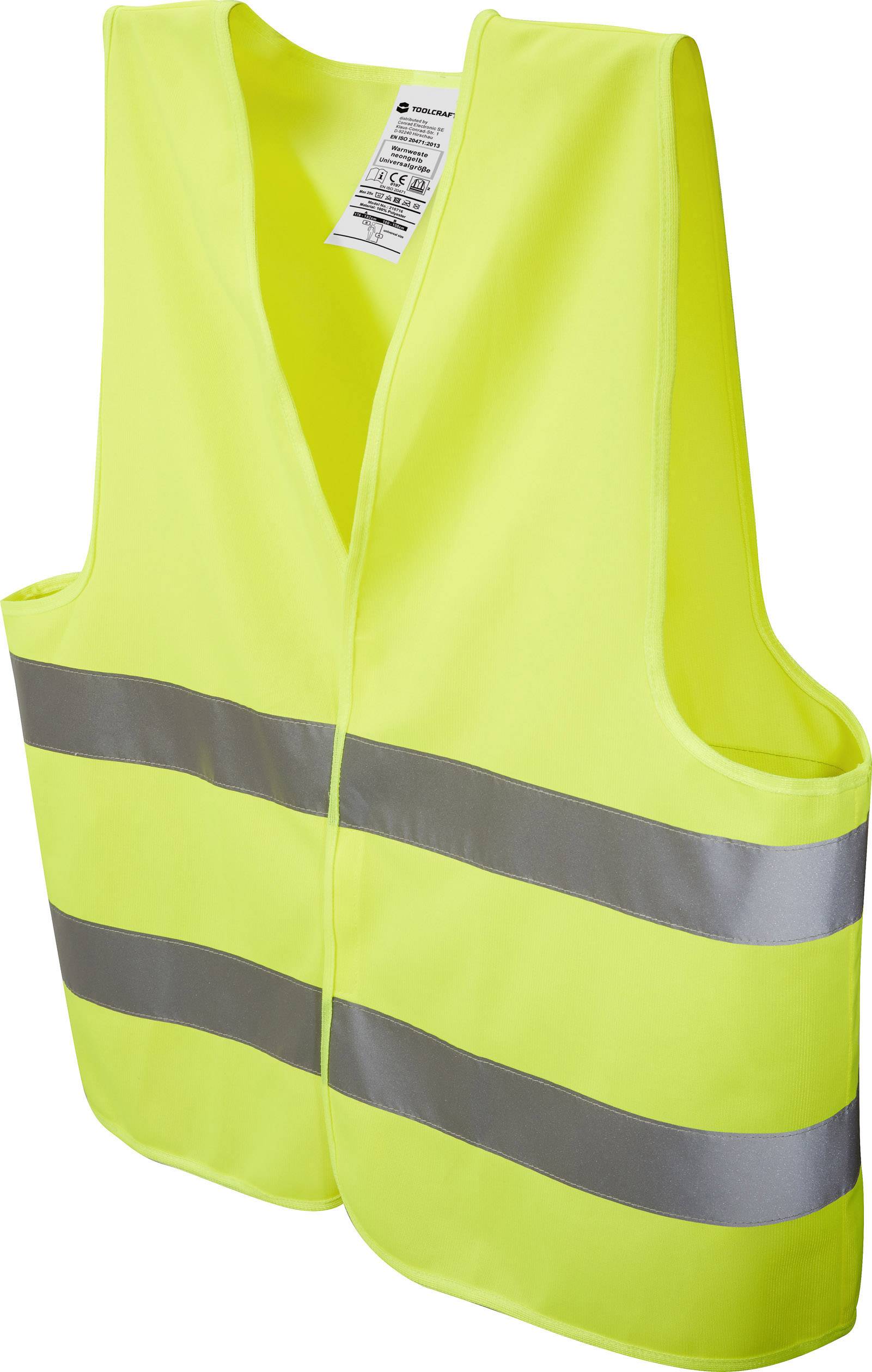 A yellow high-visibility vest with two reflective strips. It is designed for improved visibility and safety on the road.