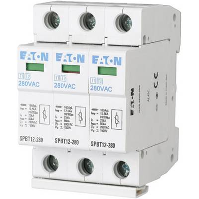'Surge protector for 280V AC by EATON. Three modules with green indicators and technical specifications on the front.'