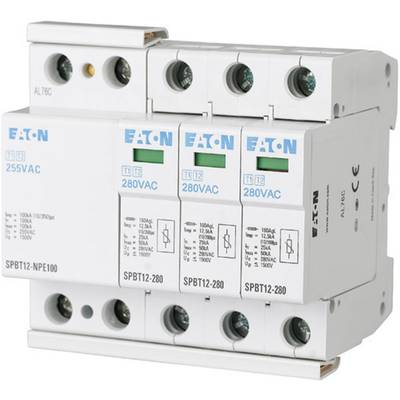 Surge protection device with multiple modules, labelled 'Eaton' and '280VAC', shown from a side perspective.