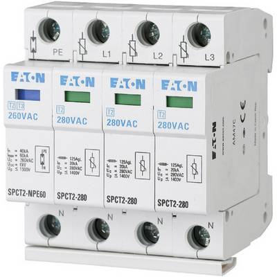 Surge protection device, Eaton type SPCT2, with four terminals for phases L1, L2, L3, and neutral conductor. Protection against voltage surges.