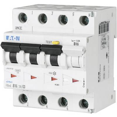 A multi-pole circuit breaker from EATON with test functionality, capable of interrupting electrical current. Suitable for 3-phase connections.