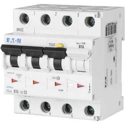 A three-phase circuit breaker with the label 'Eaton'. It has multiple trip switches and shows the specification 'B16'.