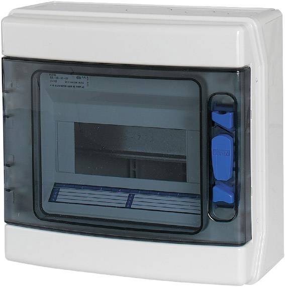 A white electric consumer unit with a transparent, dark-tinted cover, revealing a blue-coloured circuit breaker.