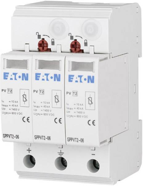 The image shows a triple surge protection switch by Eaton, model SPPVT2-06, designed to limit voltage spikes.