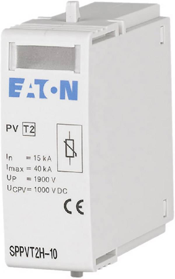 An Eaton surge protection device with technical specifications: Nominal voltage 15 kA, maximum voltage 40 kA, voltage 1900 V, DC voltage 1000 V.