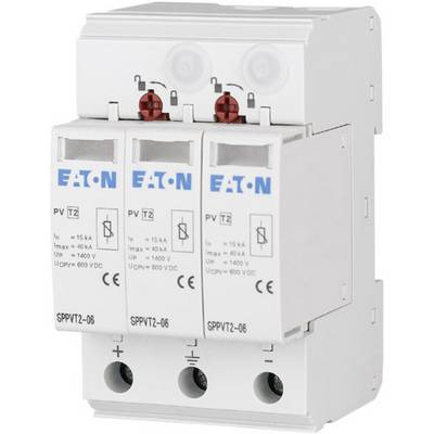 A three-pole surge arrester by Eaton, model SPPVT2-06. Predominantly white with blue details and CE marking.
