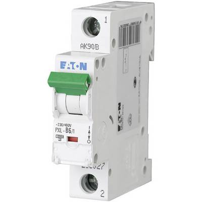 A white protective circuit breaker by Eaton, model PXL-B6/1, suitable for 230/400V, with a green toggle switch button, is used to protect electrical circuits.