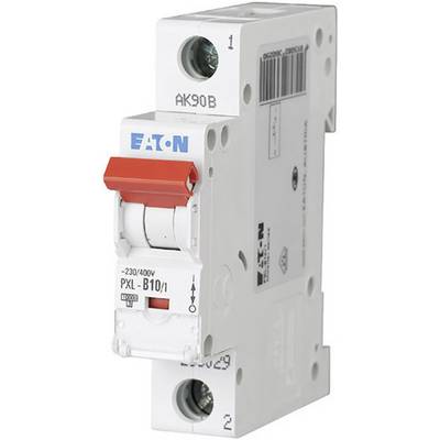 A white EATON circuit breaker for 230/400V, Model PXL-B10/1, with a red switch and technical details on the side.