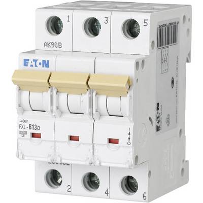 A three-pole circuit breaker by 'Eaton'. It is fitted with yellow switching levers and marked with 'PXL-B13/3' and '400V'.