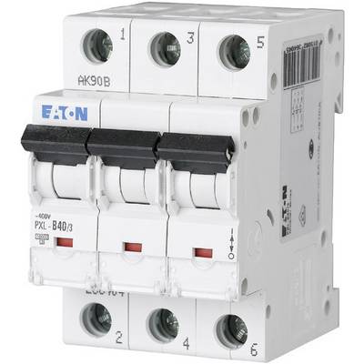 A three-pole protective circuit breaker by 'Eaton', model PXL-B40/3, for electrical installations, with three switching levers.