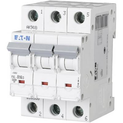 A three-pole circuit breaker by EATON, model PXL-B16/3, shows switching devices and technical connections.