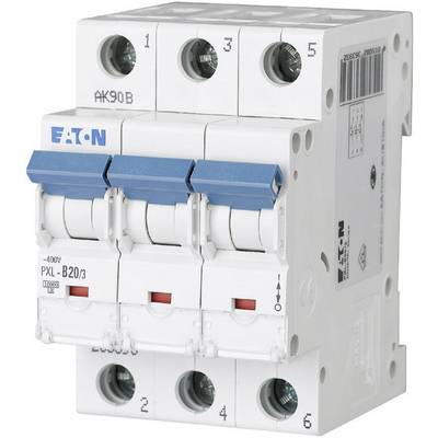 A three-pole circuit breaker by Eaton with blue switches, rated current 20A, suitable for 400V applications.