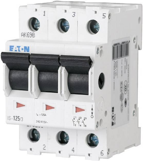 An Eaton three-phase isolator switch, Model IS-125/3, with levers for controlling electrical circuits in industrial installations.
