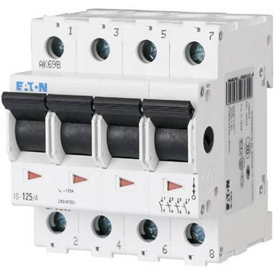 'Four-pole performance switch with black toggle switch and blue screw elements, suitable for 240/415V, 125A.'
