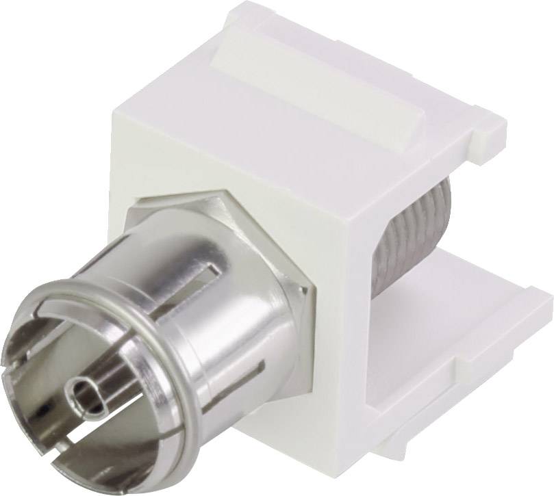 White Keystone adapter with silver F-socket, suitable for coaxial cable. Ideal for media distributors and network connections.