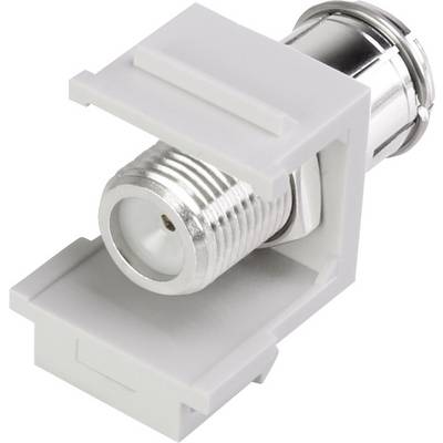 A metal and plastic F-connector keystone module for installing TV and satellite signals into a wall plate.