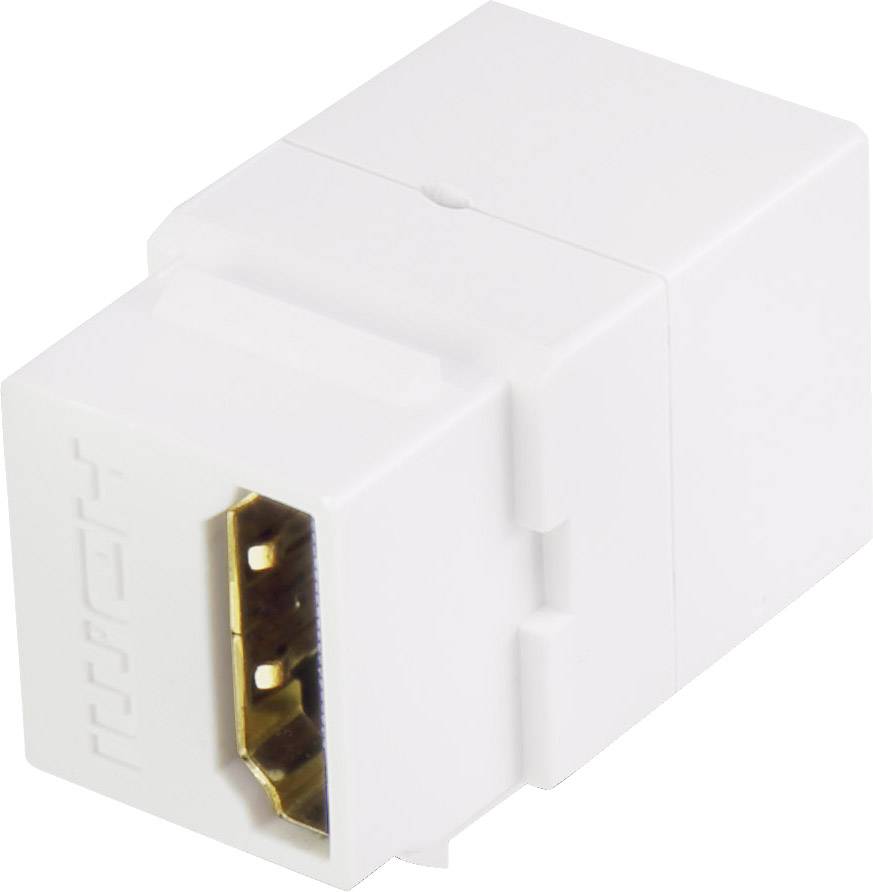 A white HDMI adapter with a gold-coloured connector for transmitting audio and video signals between devices.