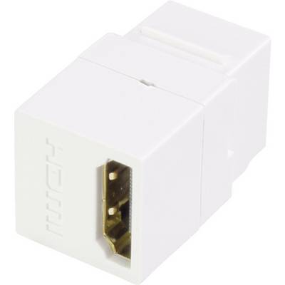 A white HDMI coupling adapter that connects HDMI cables together.