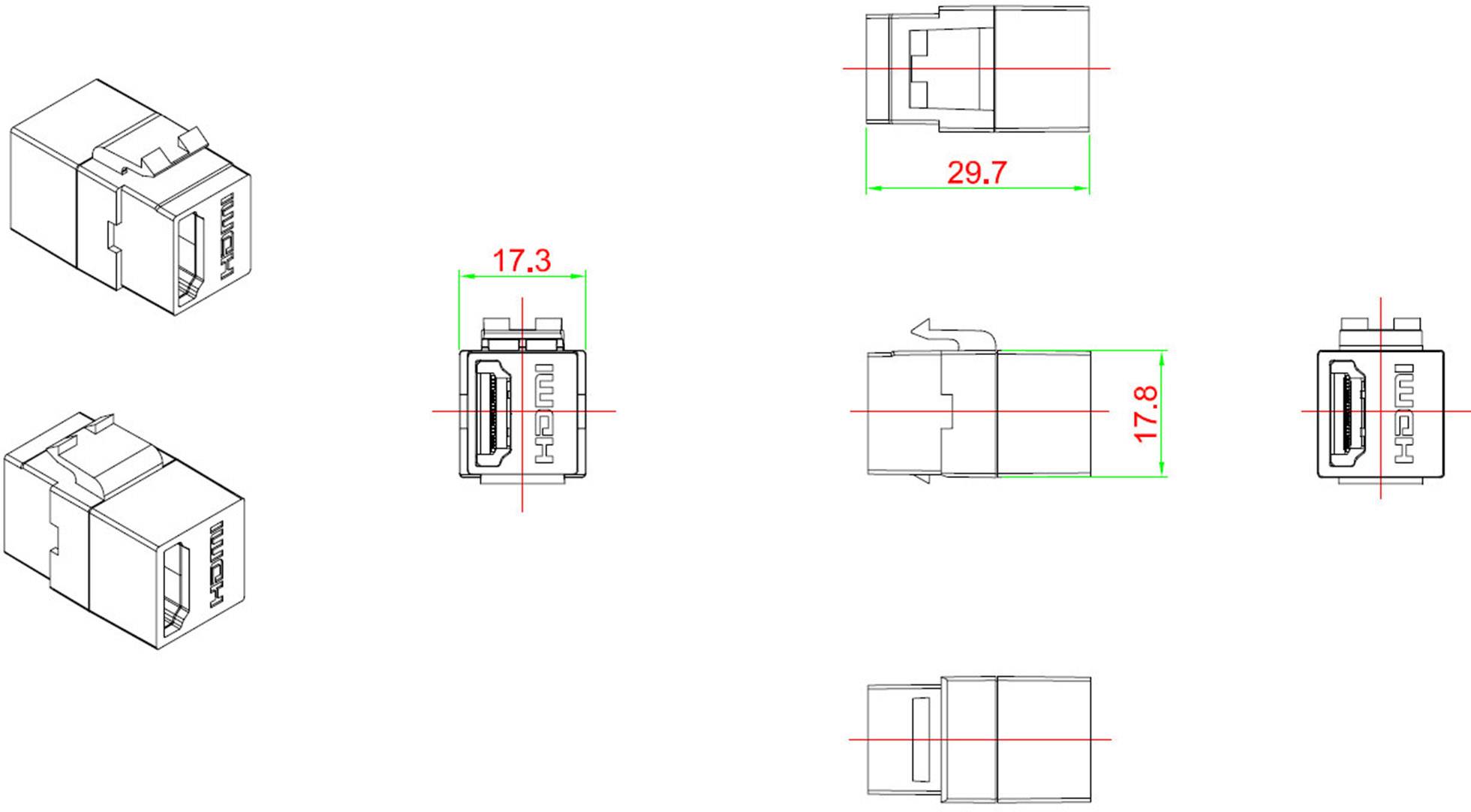Technical drawing of a Keystone module with multiple views and dimensions. The dimensions 29.7 mm and 17.8 mm are highlighted.