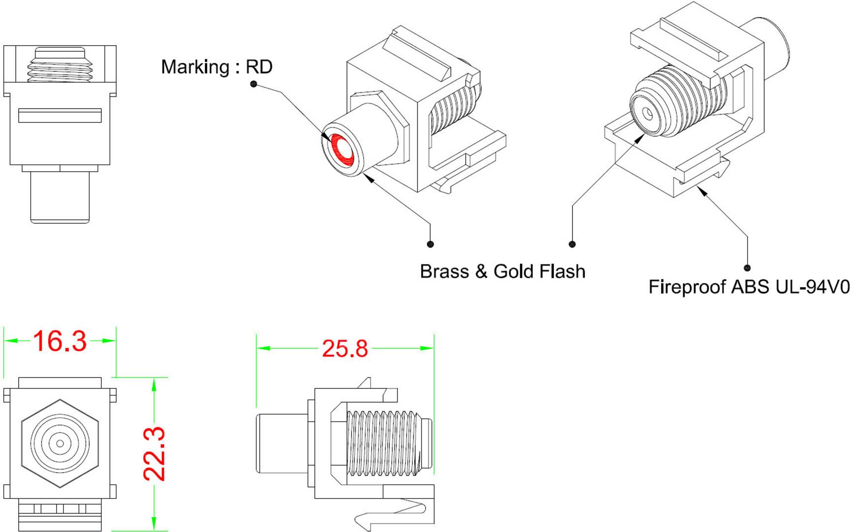 Technical drawing of an electrical connector with details of materials: brass, gold-plated, fire-resistant ABS UL-94V0, marking 'RD'. Dimensions: 16.3 x 22.3, 25.8.